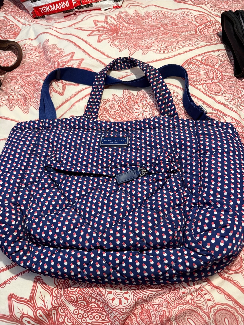Marc Jacobs Navy Quilted Tote with Red & White Dot Motif in